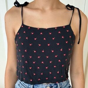 Embroidered black tie up tank top